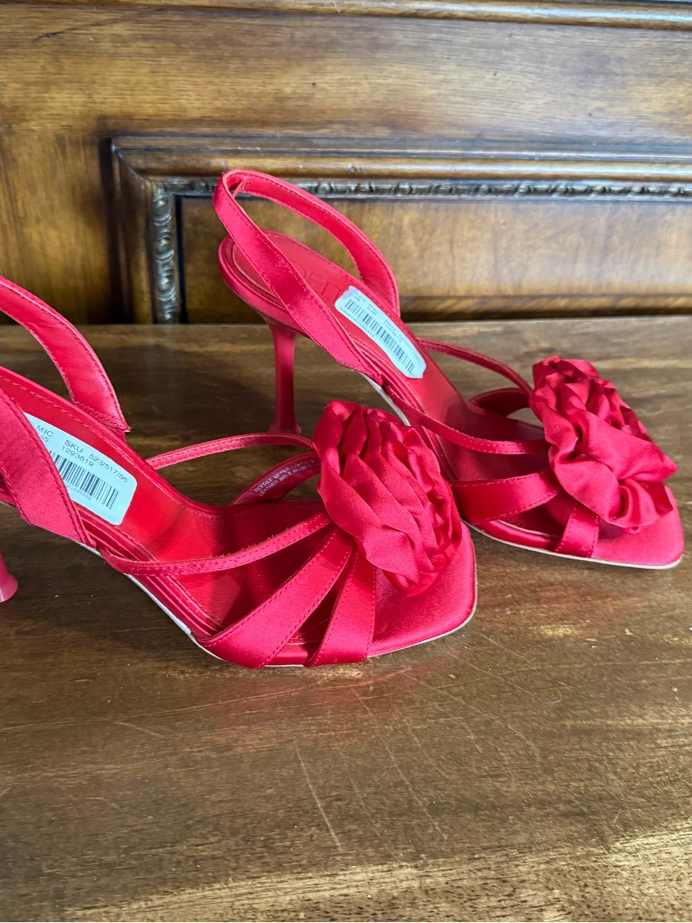 DELTAN Red Satin Rosette Slingback Heels Women’s 7M Y2K Coquette